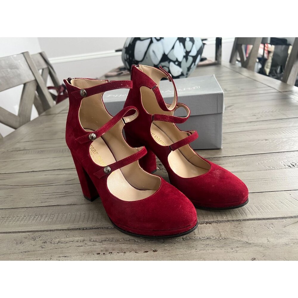Pierre Darre Italy Red Suede Block Heel Mary Jane Platform Heels Size 37 7